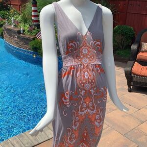 INC International Concepts Gray with Orange Boho pattern Maxi Dress - size L